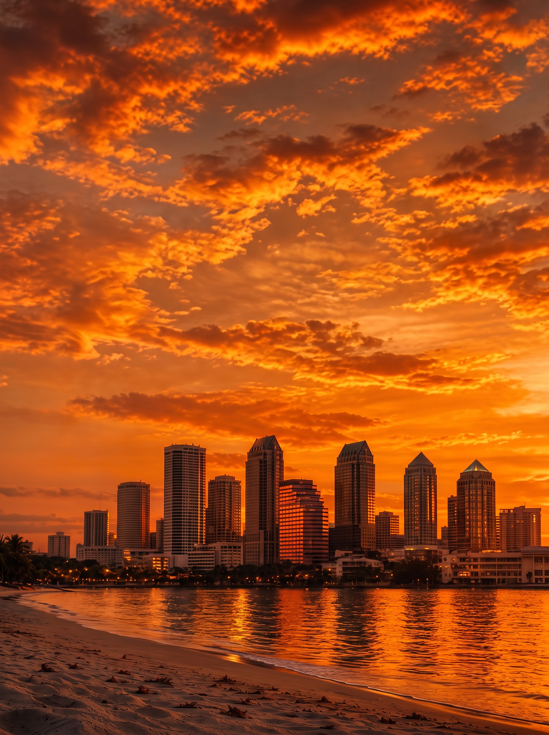 Tampa Bay waterfront skyline glowing at sunset